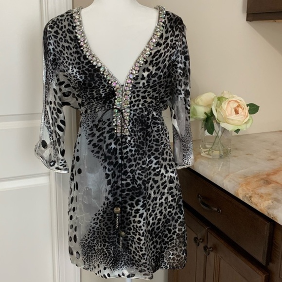 MERCEDES RIVERA SILK CRYSTAL LEOPARD PRINT ONE-OF-A-KIND  EMBELLISH DRESS - Picture 2 of 16